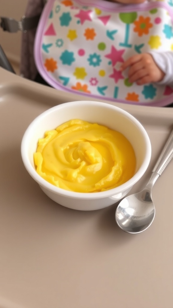 A bowl of creamy mashed eggs for babies on a high chair tray with a baby spoon.